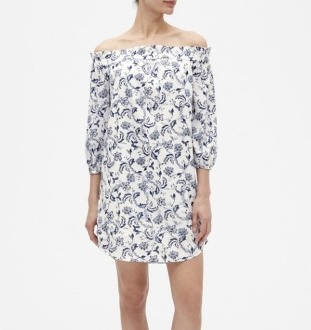 Banana Republic Factory Off the Shoulder Size 2 Navy Blue White Dress